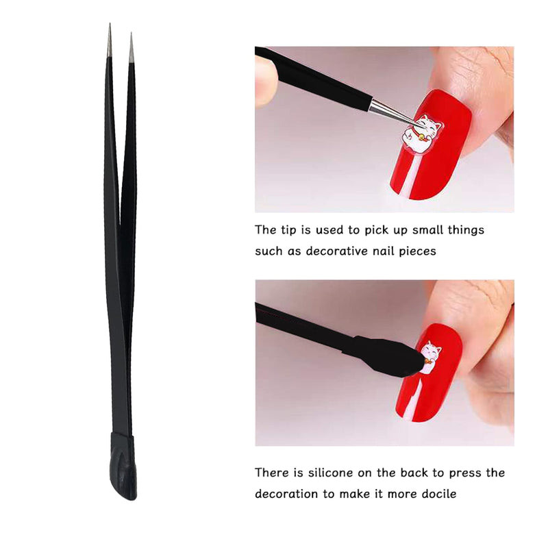 [Australia] - 2 PCS Nail Art Tweezers, Straight and Curved Tip Tweezers Rhinestone Stickers Picker Pointed Tweezers for Craft, Makeup Tools - Black 