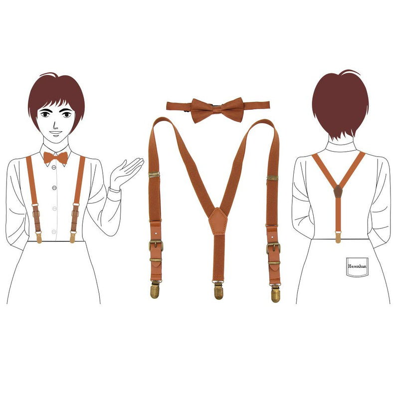 [Australia] - Boys Suspenders Bow Tie Set Tuxedo Braces with Leather and Bronze Clips for Kids Brown With Bow Tie 