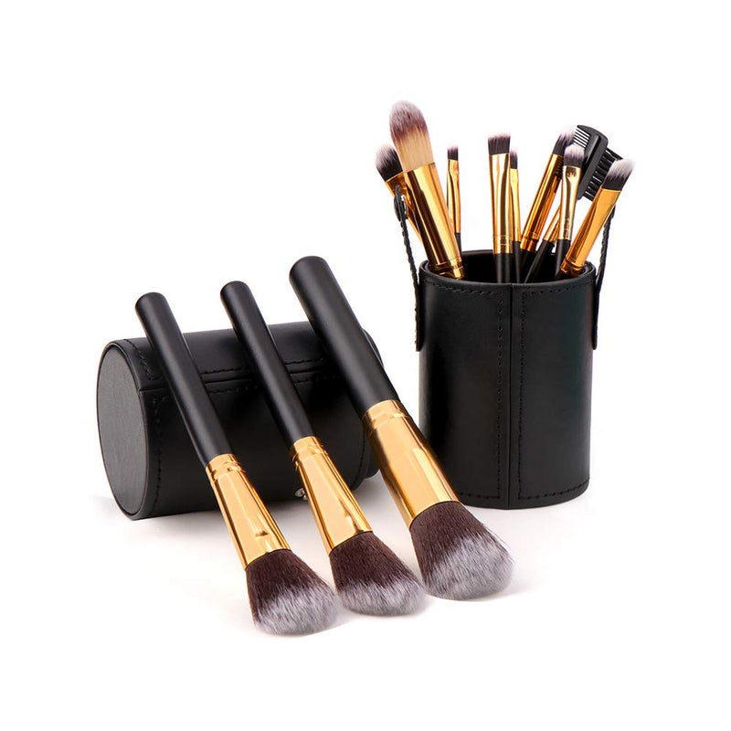 [Australia] - Large Makeup Brush Holder Leather Travel Portable Brushes Storage Case (Black) Black 