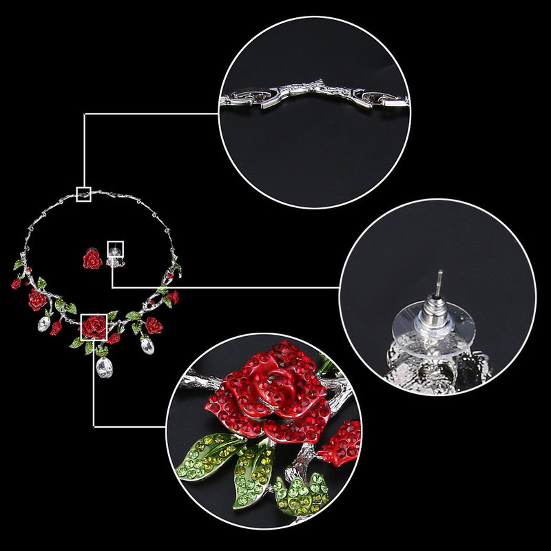 [Australia] - EVER FAITH Rhinestone Crystal Gorgeous Red Rose Flower Green Leaf Necklace Earrings Set Red Silver-Tone 