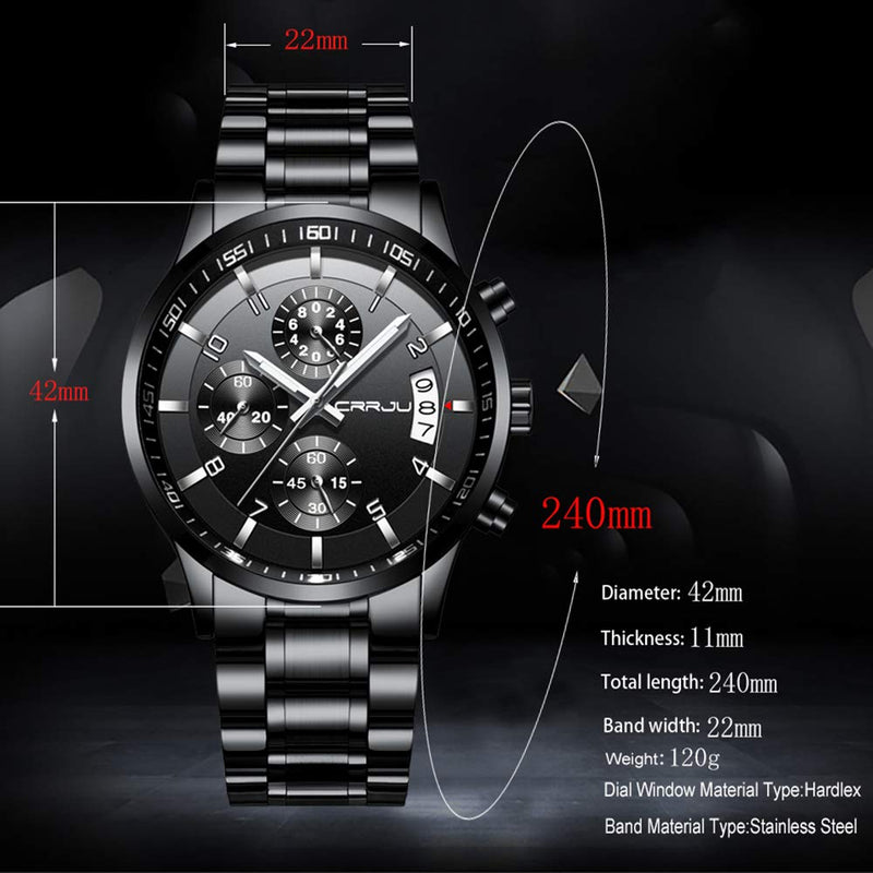 [Australia] - CRRJU Men's Fashion Stainless Steel Watches Date Waterproof Chronograph Wristwatches,Stainsteel Steel Band Waterproof Watch Black Black 