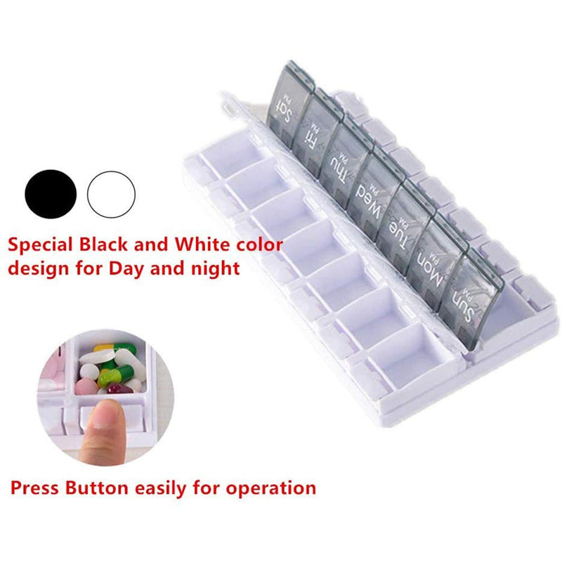 [Australia] - Black & White - Pill Box 7 Day with 14 Compartments Two Times Bounce Open Pill Dispensers Reminder for Vitamins Fish Oils Supplements Medication Black White 