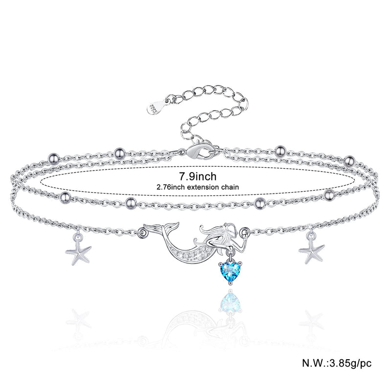 [Australia] - Sianilvera S925 Sterling Silver Foot Charm Jewelry Adjustable Anklet Link Bracelet Gift Double Layered Moon Star Ocean Animal Anklets for Women Girls Mermaid Anklet 