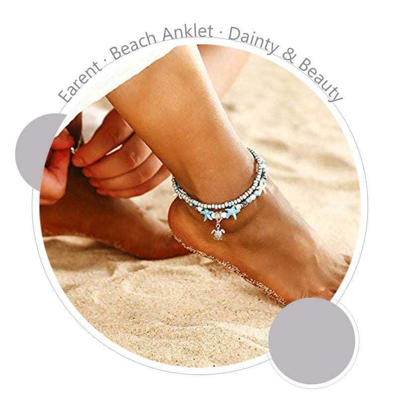 [Australia] - Earent Boho Turquoise Anklet Silver Double Sea Turtle Pendant Ankle Bracelets Beach Starfish Foot Jewelry Adjustable for Women and Girls 