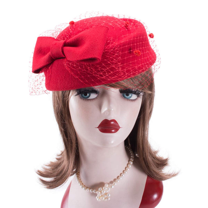 [Australia] - Lawliet Womens Dress Fascinator Wool Felt Pillbox Hat Party Wedding Bow Veil A080 Red 