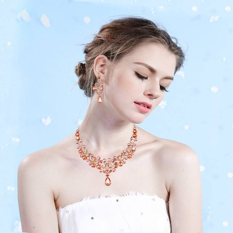 [Australia] - Youfir Crystal Flower Teardrop Wedding V-Necklace Dangle and Earrings Jewelry Sets for Brides Rose Gold-Peach 