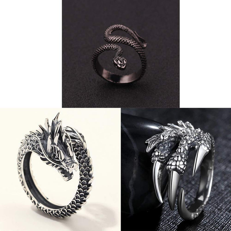 [Australia] - BYONDEVER Vintage Punk Silver Black Chinese Dragon Snake Dragon Claw Skull Rings Jewelry Gothic Alloy Open Adjustable 9PCS 