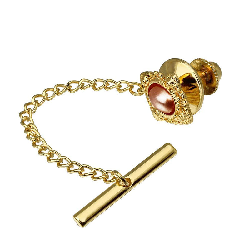 [Australia] - HAWSON Tie Tack for Men with Chain, Tie Pin for Men with Chain, Tie Tack Gift Set for Hushand, Boyfriend and Brother Gold + Brown Pearl 