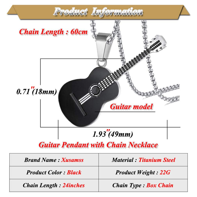 [Australia] - Xusamss Punk Rock Music Style Titanium Steel Guitar Pendant Necklace,24inches Box Chain plated black steel 