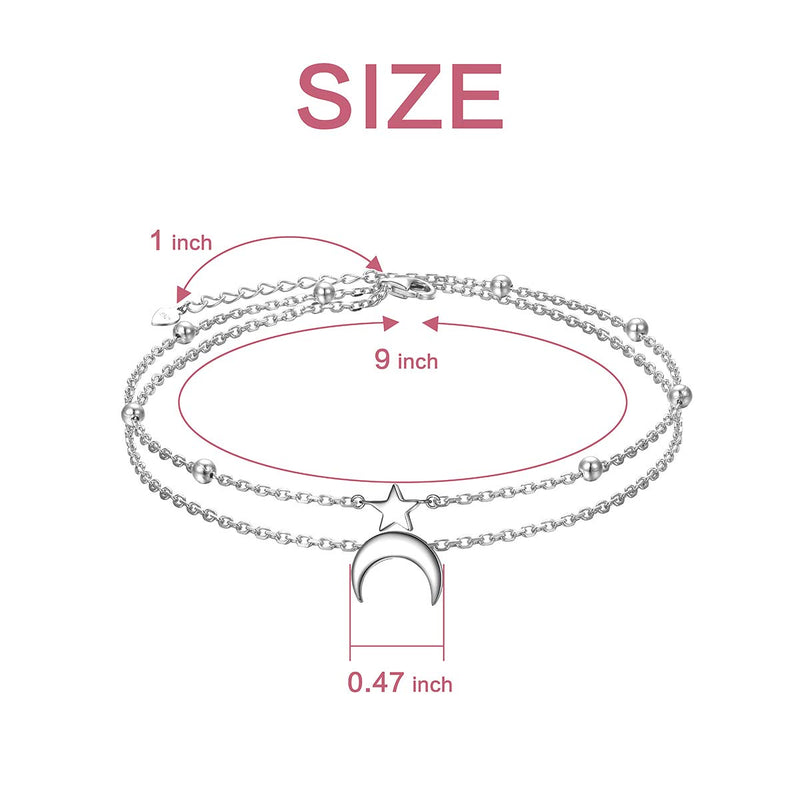[Australia] - Star and Moon Sun Layered Anklet 925 Sterling Silver for Women Girls Adjustable Mermaid Tail Beads Ankle Bracelet Crescent Boho Beach Foot Chain 9+1 Inch Charm Jewelry Best Birthday Gifts Star & Moon 