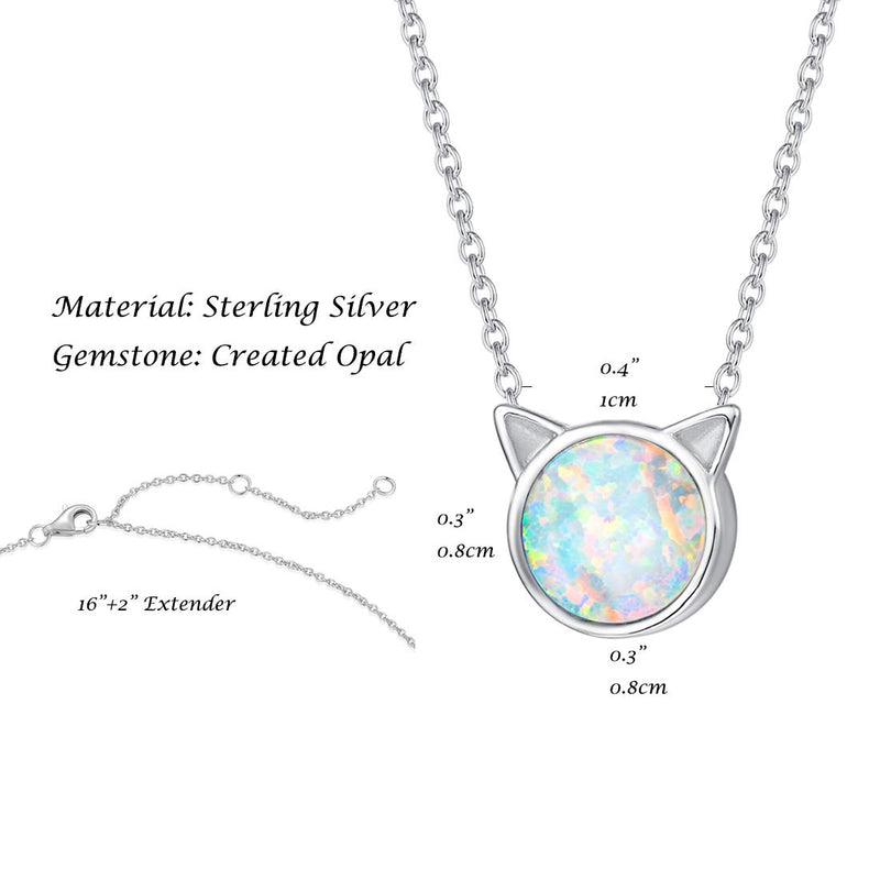 [Australia] - FANCIME Sterling Silver Cat/Unicorn/Elephant Necklace White Created Opal Cute Pendant Necklace Small Dot Round Disc Fine Jewelry For Women Girls 16+2 inch Extender 