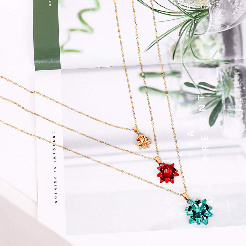 [Australia] - ALEXY 3PCS Christmas Necklaces X-Mas Gift Bow Pendant Necklaces Set Delicate Layered Chain Necklaces Party Gift for Women Girls Multicolor 