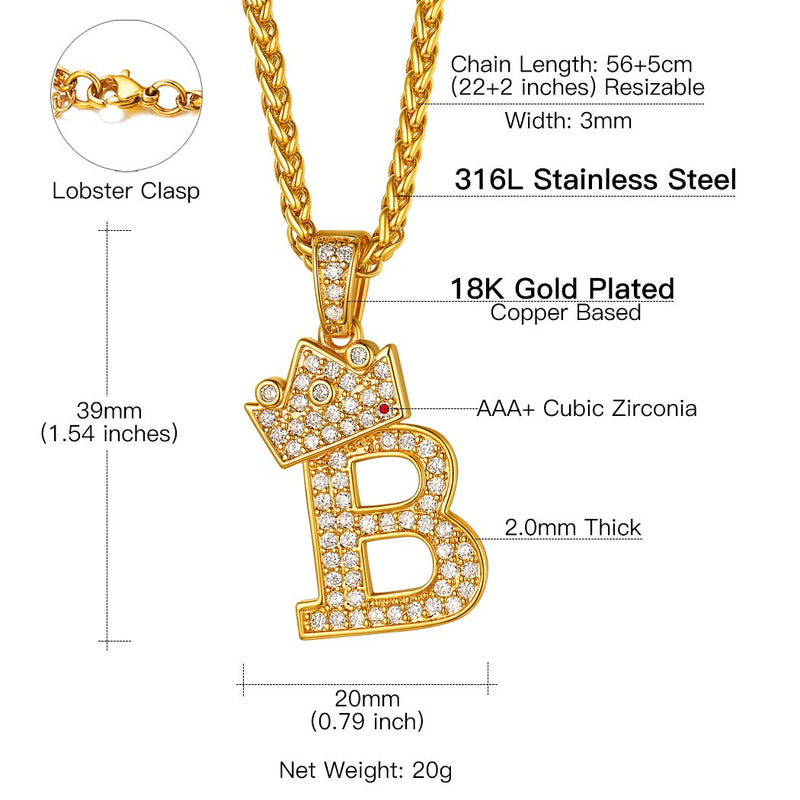 [Australia] - Suplight Iced Out Crown Initial Letter Necklace, 18K Gold Plated Cubic Zirconia CZ Pave Monogram Pendant with 22" Chain (2" Adjustable), Bling Alphabet Jewelry Name A-Z B 