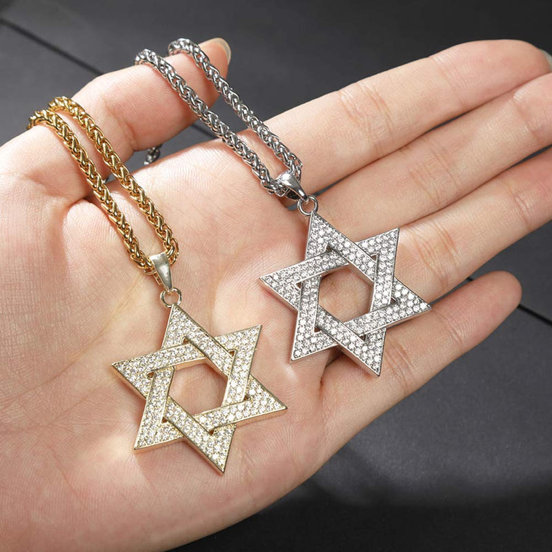 [Australia] - Star of David Necklace for Men Women, Iced Out Jewish Star Pendant Necklace, Prong Setting Cubic Zirconia Hip Hop Jewelry with 20" 24" Stainless Steel Link Chain 