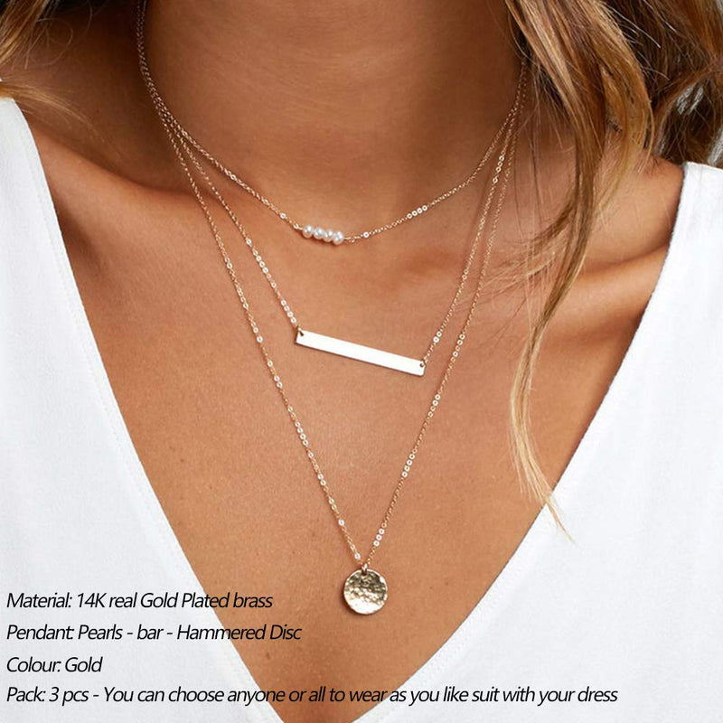 [Australia] - Turandoss Dainty Layered Choker Necklace, Handmade 14K Gold Plated Y Pendant Necklace Multilayer Bar Disc Necklace Adjustable Layering Choker Necklaces for Women "3PCS - Pearls&Bar&Hammered Disc 