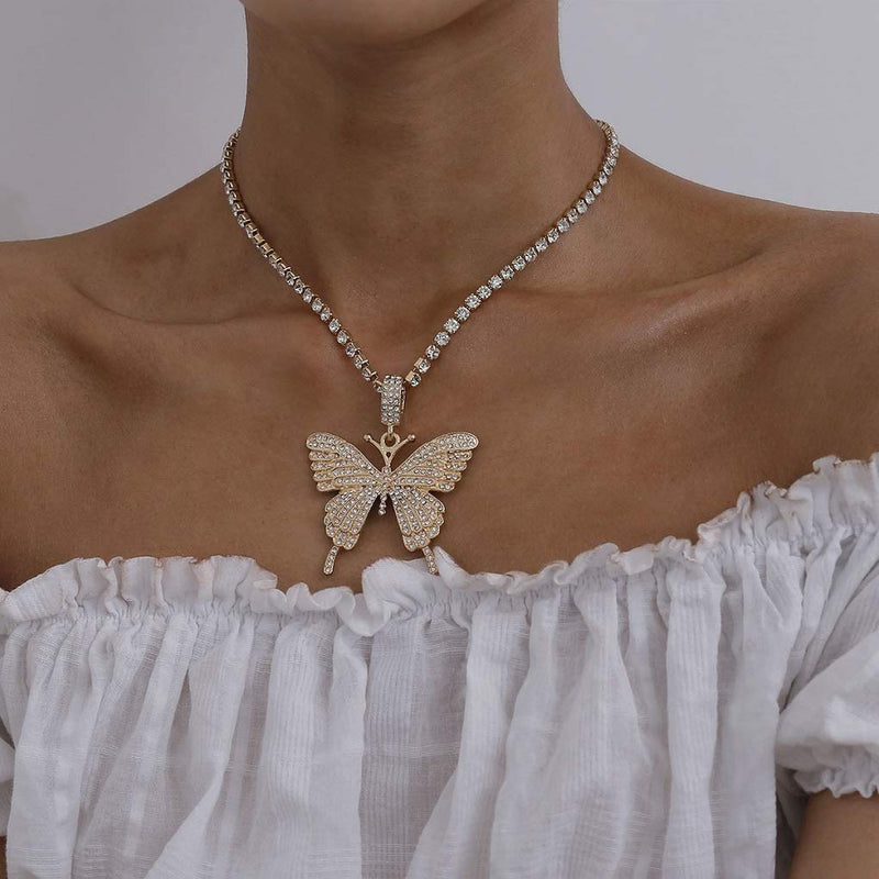 [Australia] - SUNSCSC Dainty Butterfly Choker Necklace Bling CZ Chain Butterfly Pendant Necklace for Women Girl Her Gift Golden big butterfly 