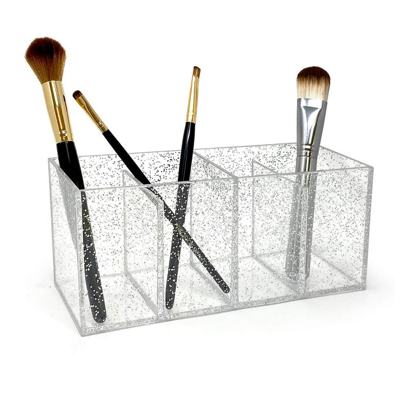 [Australia] - Isaac Jacobs 4-Compartment Clear Acrylic Organizer- Makeup Brush Holder- Storage Solution- Office, Bathroom, Kitchen Supplies and More (4 Compartment, Silver Glitter) 4 Compartment 