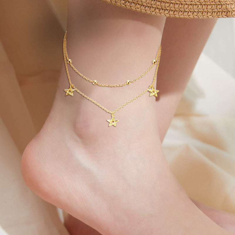 [Australia] - POPLYKE 925 Sterling Silver Gold Plated Anklet Summer Adjustable Beach Boho Ankle Bracelet B1 - Gold Star Anklet 