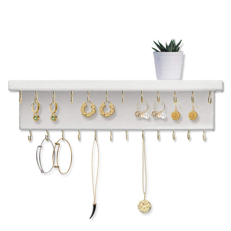 [Australia] - SANY DAYO HOME Jewelry Organizer with 30 Hooks and Cosmetics Shelf, 15 x 3 x 4 inches Wall Mounted Rustic Pine Wood Holder for Necklaces and Bracelets, Suitable for Kids and Adults (Retro White) 30 Hooks Retro White 