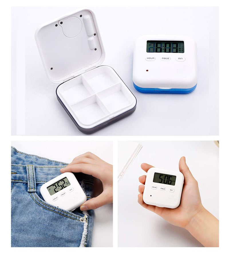 [Australia] - Hanguang Pill Box, 4 Compartment Intelligent Sealed Alarm Pill Box, Mini Portable Electronic Pill Timer-Reminder-Dispenser with Digital Screen for Vitamins, Cod Liver Oil, Supplements and Medication Blue 