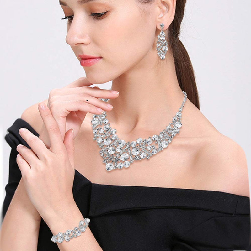 [Australia] - Flyonce Rhinestone Crystal Bridal Jewelry Set for Women, Wedding Party Necklace Earrings Bracelet Clear Silver-Tone 