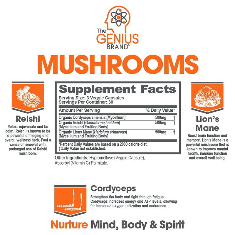 [Australia] - Genius Mushroom – Lions Mane, Cordyceps and Reishi – Immune System Booster & Nootropic Brain Supplement – Wellness Formula for Natural Energy, Memory & Liver Support, 90 Veggie Pills 