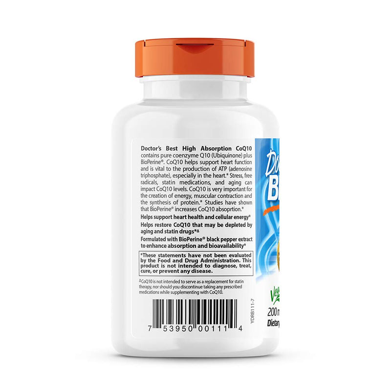 [Australia] - Doctor's Best High Absorption CoQ10 with BioPerine Gluten Free Naturally Fermented Vegan, Heart Health and Energy Production 200 mg 60 Veggie Caps, White 60 Count (Pack of 1) 
