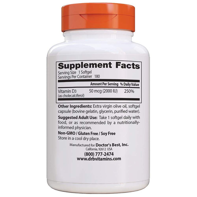[Australia] - Doctor's Best Vitamin D3 2 000 IU Healthy Bones Teeth Heart Immune Support NonGMO GlutenFree Soy Free , 180 Count 