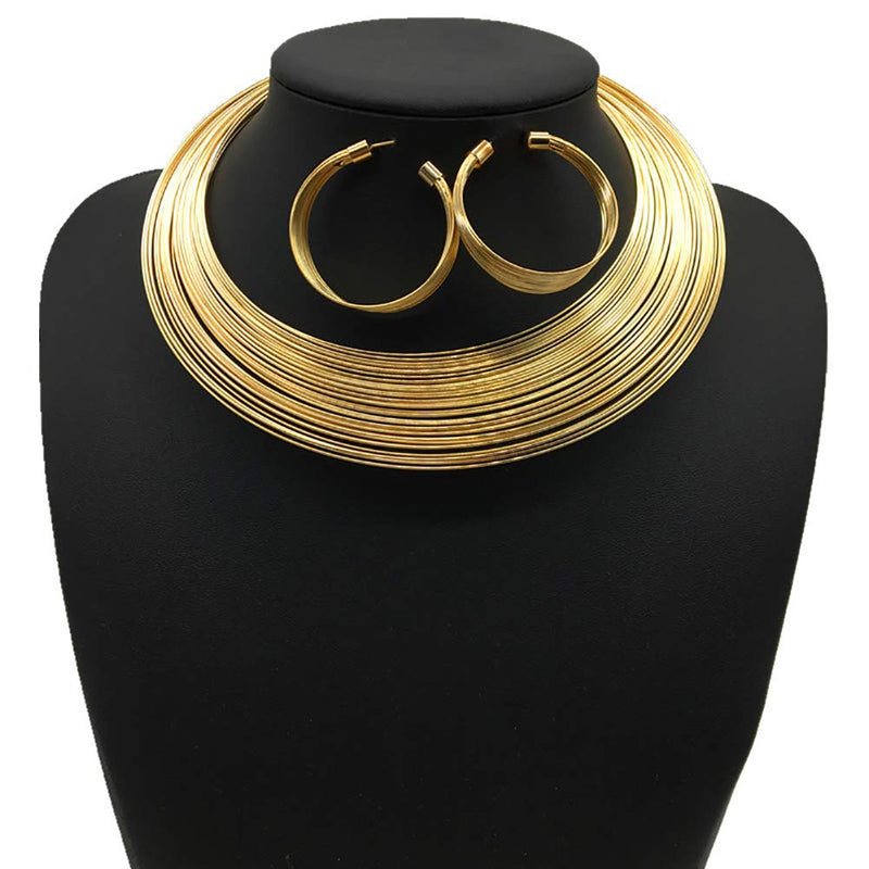 [Australia] - HENGYID African Art Style Multi-Layer Gold Plated Chain Choker Necklace Hoop Earrings Cuff Bangle Bracelet Ring Set 