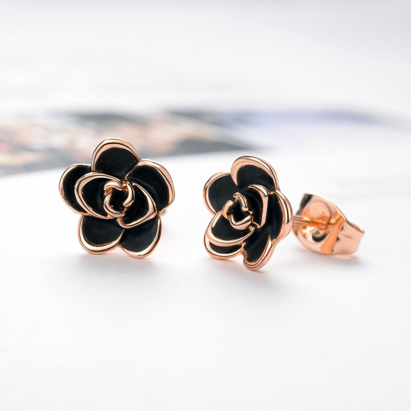 [Australia] - AllenCOCO 18K Gold Plated Black Rose Flower Stud Earrings for Women 01 Black flower/Rose gold (Small) 