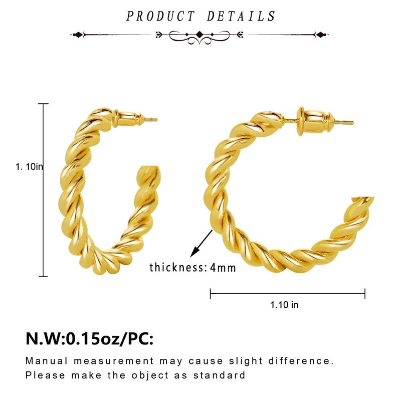 [Australia] - Twisted Chunky Hoop Earrings 14K Gold Plated Dainty Lightweight Hypoallergenic Open Hoops Earrings for Women Gift Gold Twist B 