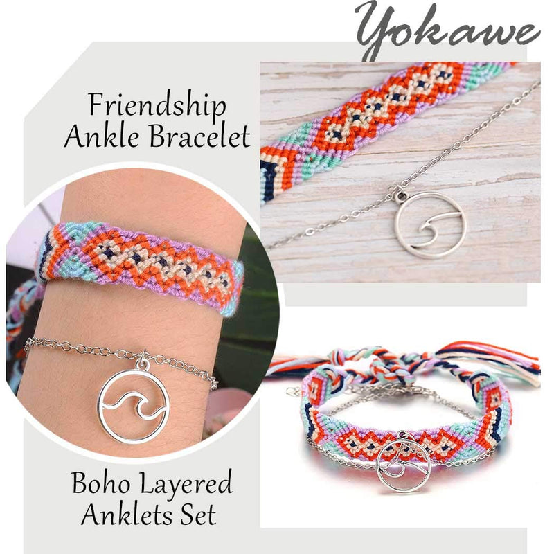 [Australia] - Yokawe Boho Layered Ankle Bracelets Braided String Woven Friendship Silver Anklet Adjustable Handmade Thread Foot Chain Jewelry for Women and Teen Girls(2pcs) (Red) Red 