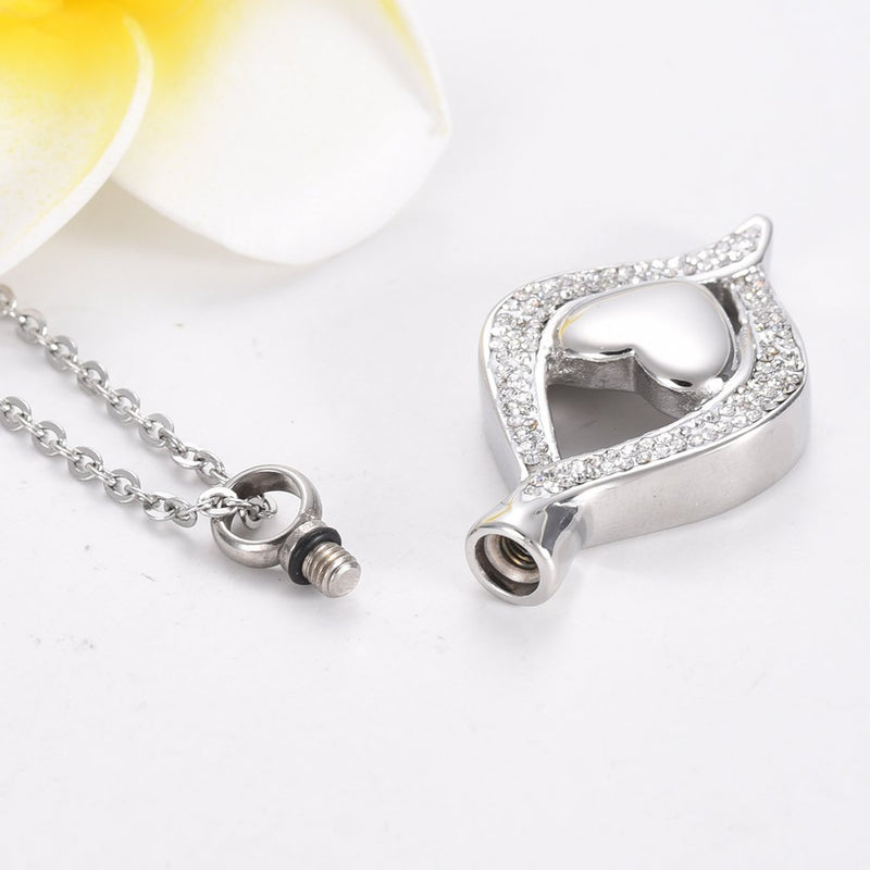 [Australia] - Hearbeingt Cremation Jewelry for Ashes, Classic Style Crystal Keepsake Necklace Made with Stainless Steel, Heart Shape Memorial Locket for Mam Silver 