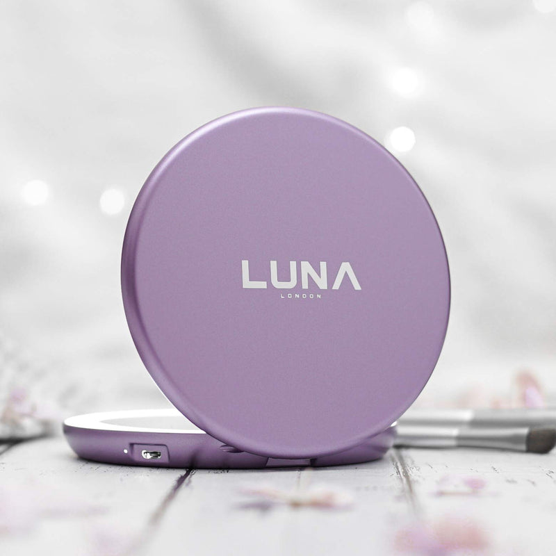 [Australia] - LUNA London LED Compact Mirror 2.0 | 7X Magnification, 3 Colour Lights, USB Rechargeable, Portable, Pocket, Lighted, Makeup Mirror | Perfect for Purse, Handbag & Travel Beauty Needs | Lavender 
