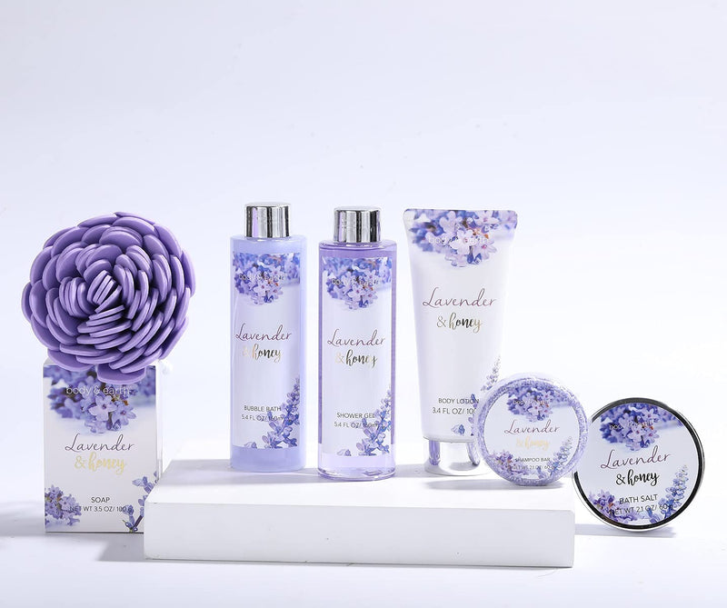 [Australia] - BODY & EARTH Bath and Body Gift Set - 8 Pcs Spa Gift Sets with Lavender & Honey Scent, Includes Shower Gel, Bubble Bath, Shampoo Bar and More, Bath Sets for Women Gifts, Xmas, Birthday Gifts for Her 