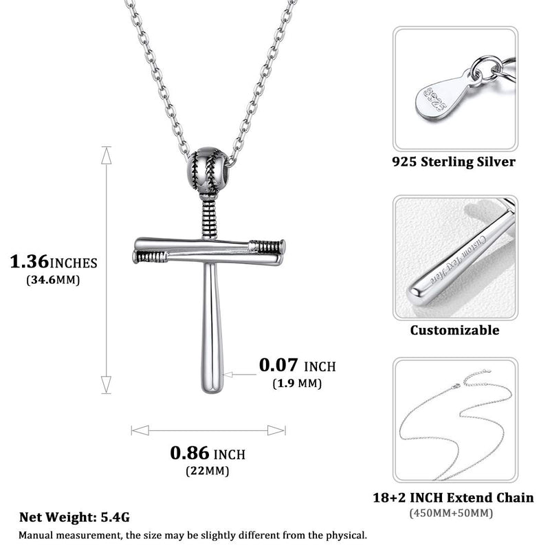 [Australia] - Nofade Silver Men Women 925 Sterling Silver Baseball Cross Pendant Necklace with 18 Inches Sterling Silver Chain, Customizable (with Gift Box) Style A 