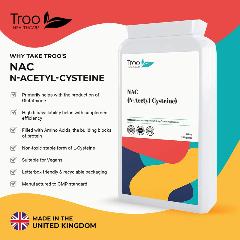 [Australia] - Troo NAC Supplement 600mg - 120 Capsules - N Acetyl Cysteine Amino Acid Providing Non Toxic Stable Form of L-Cysteine - UK Manufactured to GMP Standards 