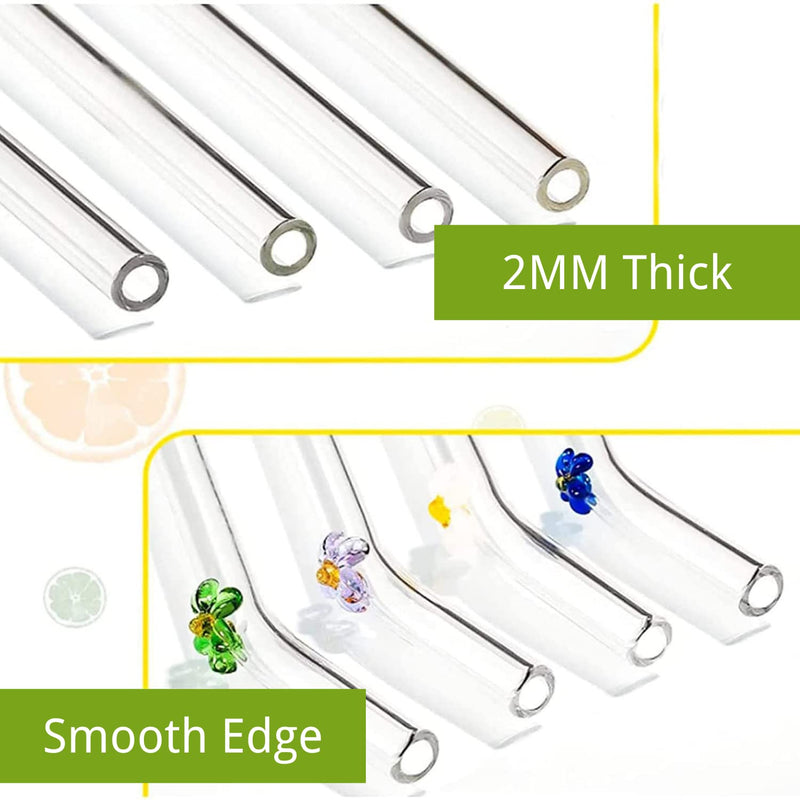 [Australia] - 4 PCS Reusable Glass Straws,8mm Glass Drinking Straws with Cleaning Brushe Bent Drinking Straws with Flower for Smoothies, Beverages, Shakes, Juices Style A 