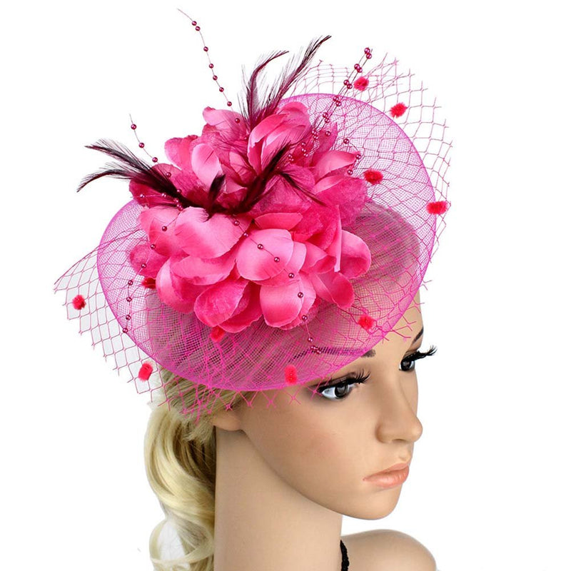 [Australia] - Auranso Derby Netting Mesh Headband Big Flowers Hair Band Women Fascinator Hat Fuchsia 