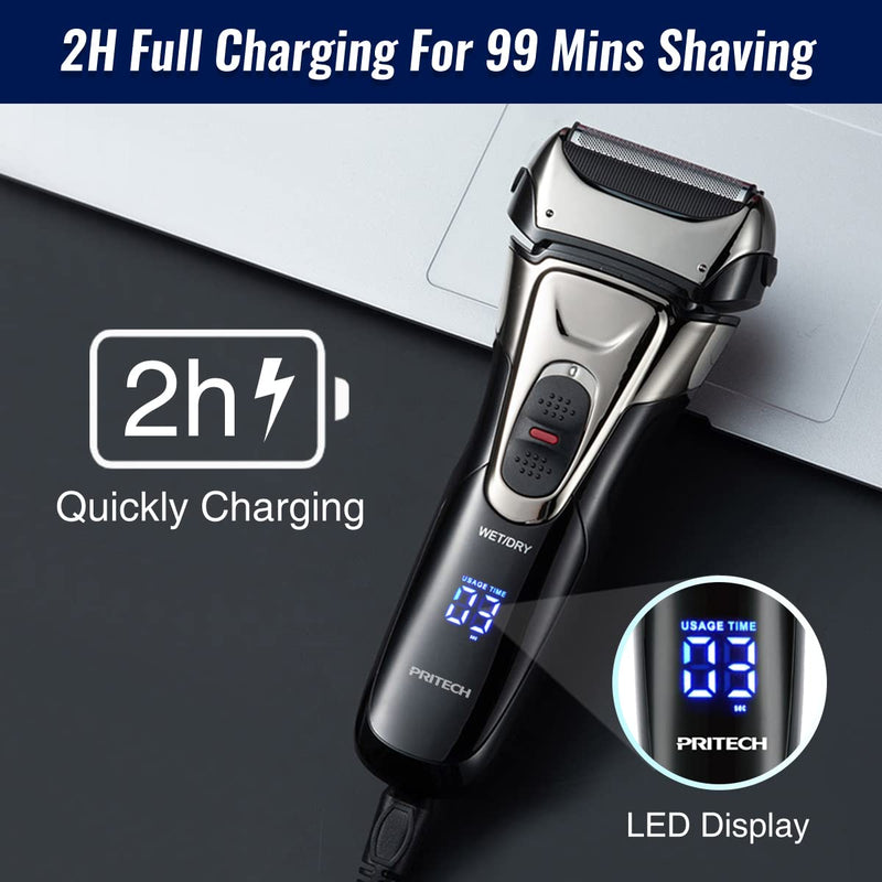 [Australia] - Electric Razor Mens Shaver - Rechargeable Shaver Men's Razor,Cordless Foil Shavers with Pop-up Precision Trimmer,Wet and Dry Waterproof Electric Shavers Men,USB Charge,LED Display,Black by PRITECH 