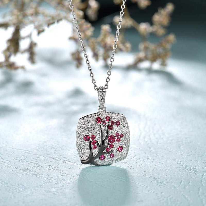 [Australia] - Santuzza 925 Sterling Silver Delicate Cherry Tree Pendants Shiny White Cubic Zirconia Jewelry (Pink/Green) Created Ruby 