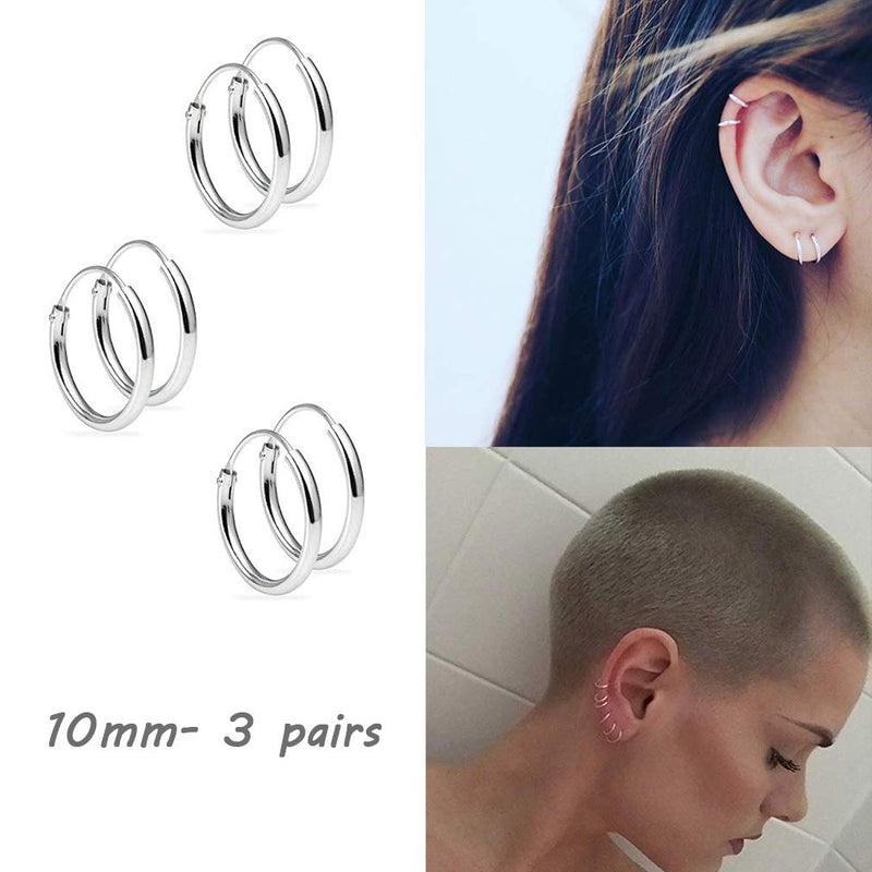 [Australia] - Silver Hoop Earrings- Cartilage Earring Endless Small Hoop Earrings Set for Women Men Girls,3 Pairs of Hypoallergenic 925 Sterling Silver Tragus Earrings Nose Lip Rings (8mm/10mm/12mm) 3 Pairs(10mm*3) 