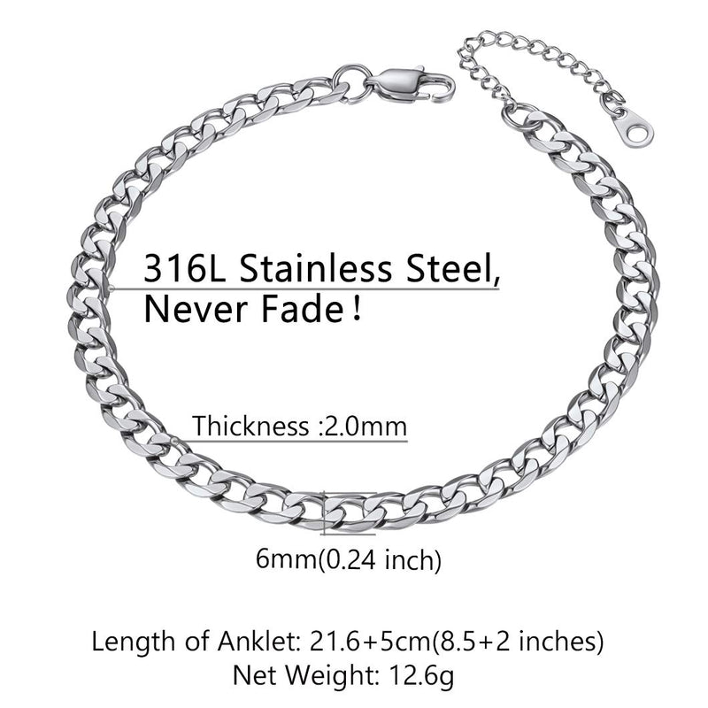 [Australia] - Cuban Link/Figaro/Wheat Chain Anklets for Women Men 8.5+2 Inch Extender Stainless Steel/18K Gold Plated Ankle Bracelets Beach or Party Foot Jewelry 01-Steel Cuban 