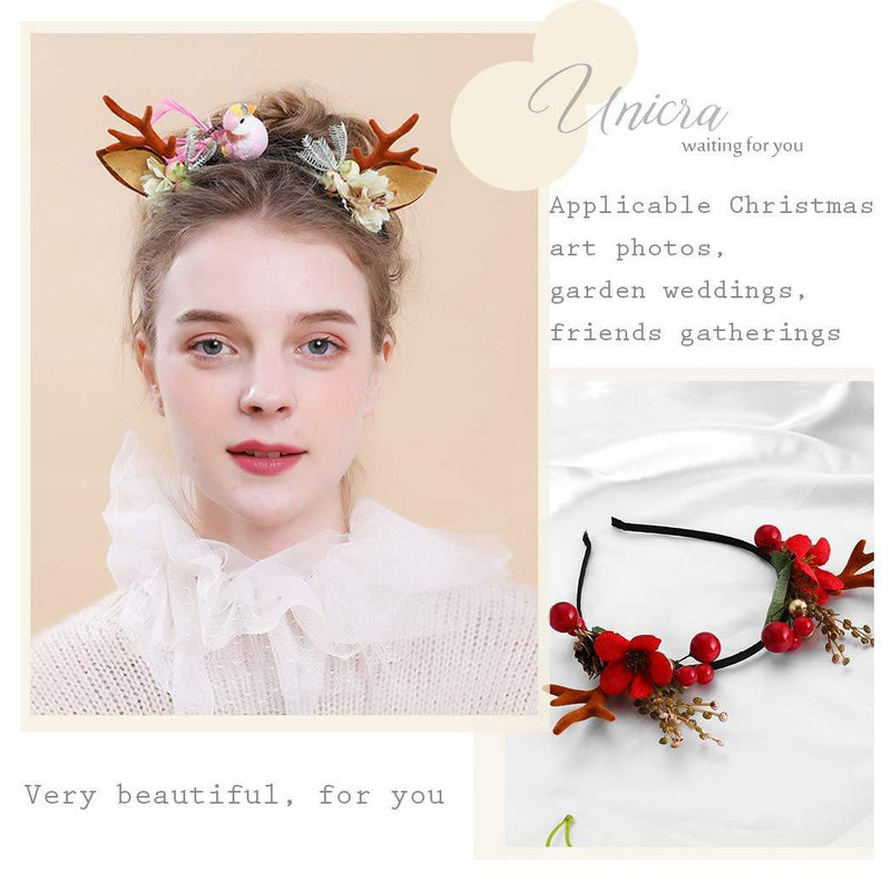 [Australia] - Unicra Christmas Headband Flower Antlers Headband Elk Deer Animal Horns Headwear Hair Piece Halloween Hair Accessories for Women and Girls (A) A 