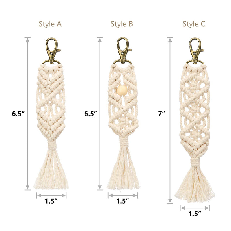 [Australia] - Mkono Mini Macrame Keychains Boho Macrame Bag Charms with Tassels Cute Handcrafted Accessories for Car Key Purse Phone Wallet Unique Gift Party Supplies, Natural White, 3 Pack 