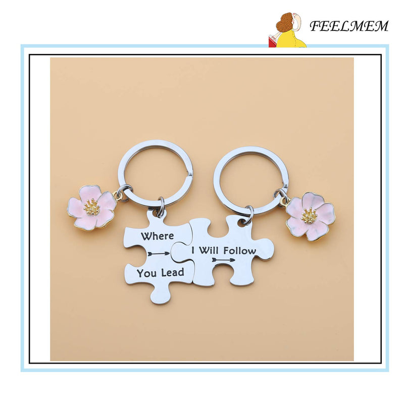 [Australia] - FEELMEM Gilmore Girls Inspired Keychain Where You Lead I Will Follow Couples Keychains Set Mother Daughter Gift Friendship Jewelry BBF Gift Bridesmaids Gift flower charm 