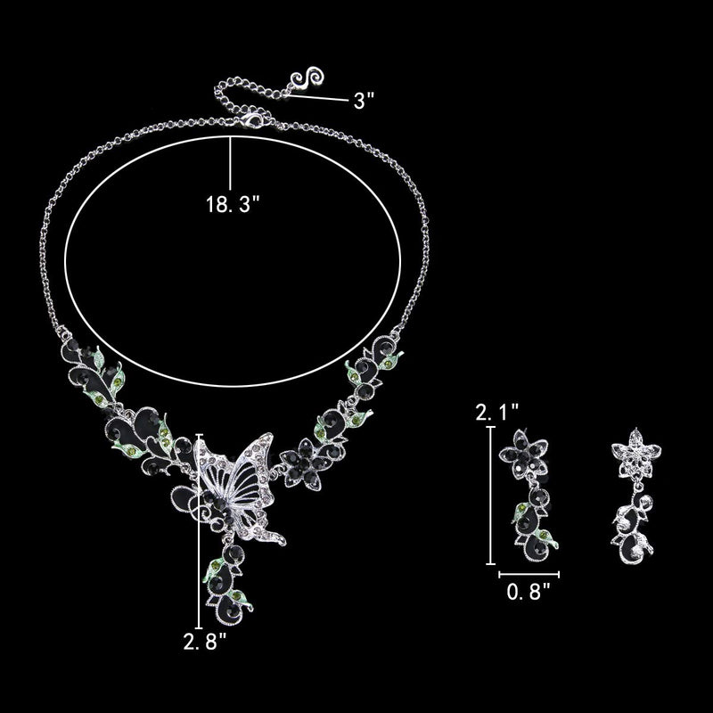 [Australia] - EleQueen Women's Austrian Crystal Butterfly Flower Leaf Necklace Earrings Sets Black 