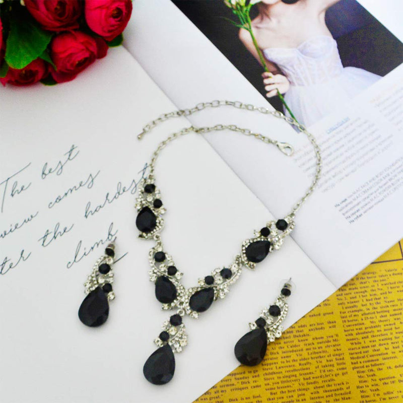 [Australia] - Ruoling Women's Wedding Bridal Crystal Multi Teardrop Cluster Statement Necklace Dangle Earrings Set Black 