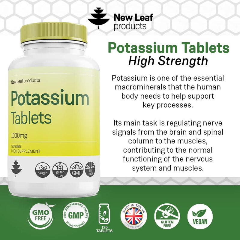 [Australia] - Potassium Supplements 1000mg, 120 Vegan Potassium Tablets Mineral Electrolytes Supplement Contributes to Normal Muscle Function Vegan, Gluten-Free, Non-GMO, Made in UK by New Leaf 120 Count (Pack of 1) 