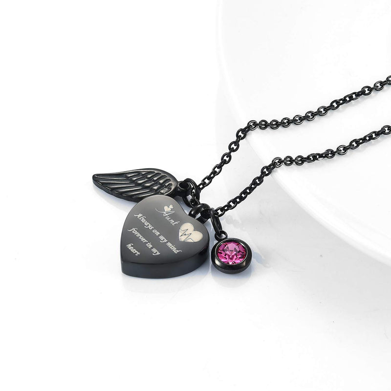 [Australia] - Sunling Black Heart Memorial Urn Necklace Creamation Ash Keepsake Electrocardiogram Jewelry-Includes 12 Birthstones and Angel Wing Pendant Aunt 